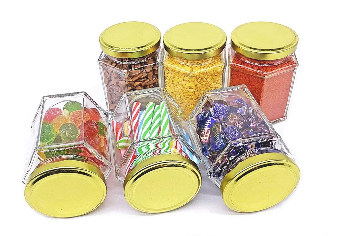 Vrutwa Transparent Glass Jar 400ml | Airtight Metal Lid Hexagon Container | Pack of 6 | Storage for Ghee, Pickle, Dry Fruits, Tea, Coffee, Sugar image 4