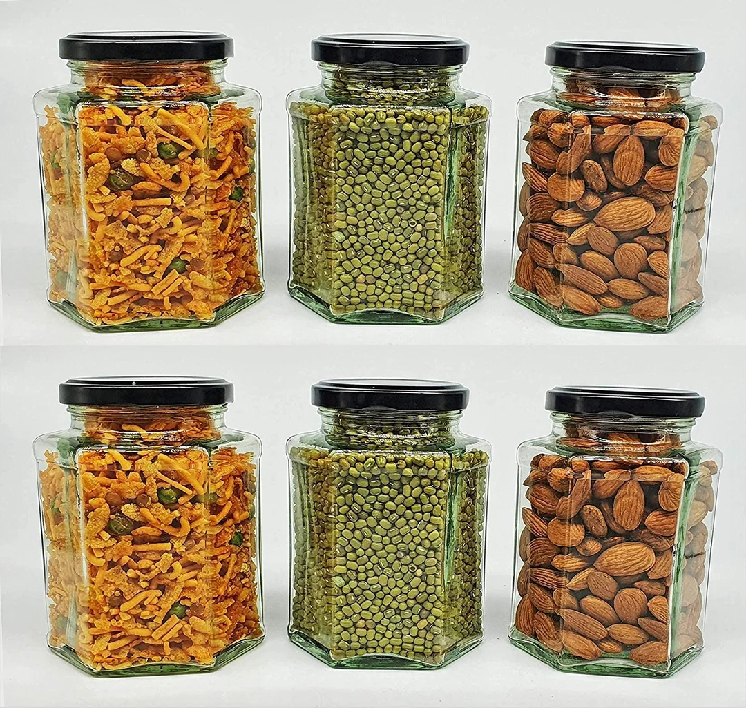 Vrutwa Transparent Glass Jar 400ml | Airtight Metal Lid Hexagon Container | Pack of 6 | Storage for Ghee, Pickle, Dry Fruits, Tea, Coffee, Sugar image 1