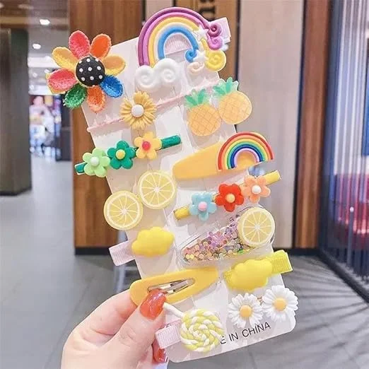 Vrutwa Girls Hair Clips | 14 Piece Cartoon Fruit Animal Set | Yellow image 3