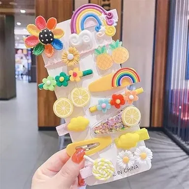 Vrutwa Girls Hair Clips | 14 Piece Cartoon Fruit Animal Set | Yellow thumbnail 2