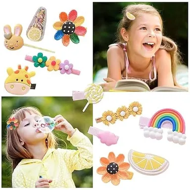 Vrutwa Girls Hair Clips | 14 Piece Cartoon Fruit Animal Set | Yellow thumbnail 3