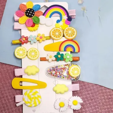 Vrutwa Girls Hair Clips | 14 Piece Cartoon Fruit Animal Set | Yellow thumbnail 0