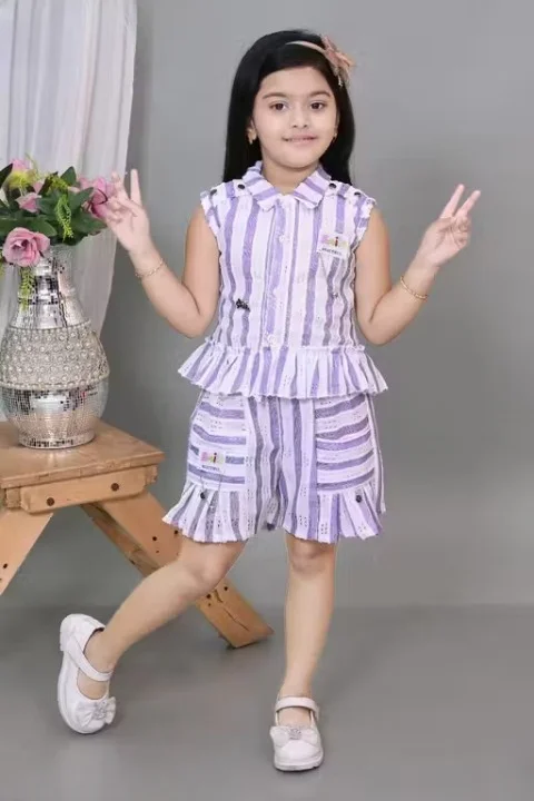 Girls Cotton Sleeveless Top & Shorts Set | Purple White Stripes | 18 to 24 Months | Summer Essential image 1