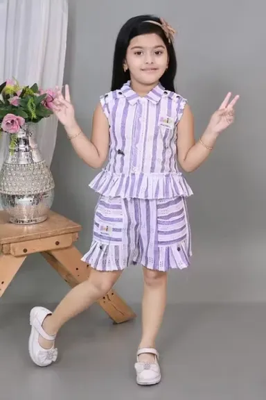 Girls Cotton Stripe Summer Set | Purple White | Sleeveless Top & Shorts | 3 to 4 Years thumbnail 0