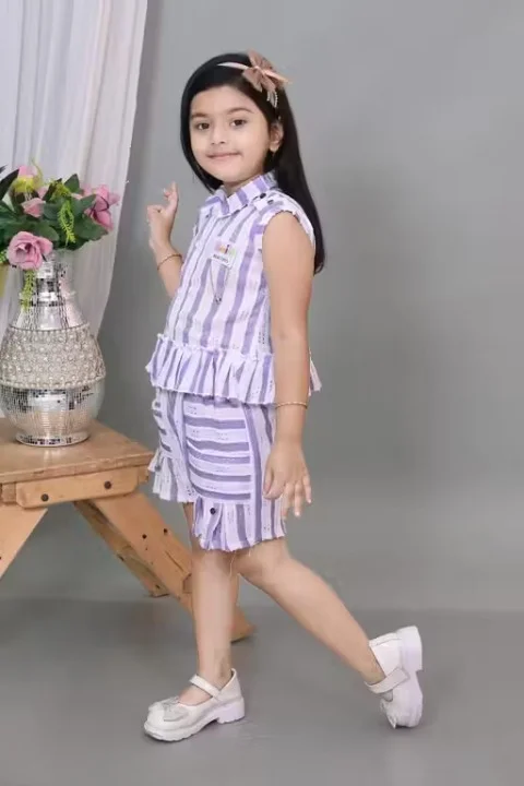 Girls Cotton Stripe Summer Set | Purple White | Sleeveless Top & Shorts | 3 to 4 Years image 4