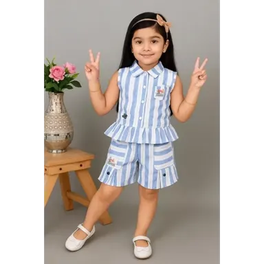 Girls Striped Cotton Sleeveless Top and Shorts Set | Aqua Blue and White | 6-9 Months | Casual Summer Wear thumbnail 0
