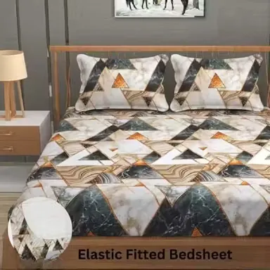 Cotton Feel Glace Cotton Elastic Fitted King Size Double Bed Bedsheet | Printed 210 TC With 2 Pillow Covers| Fits Upto 8 Inch Mattress