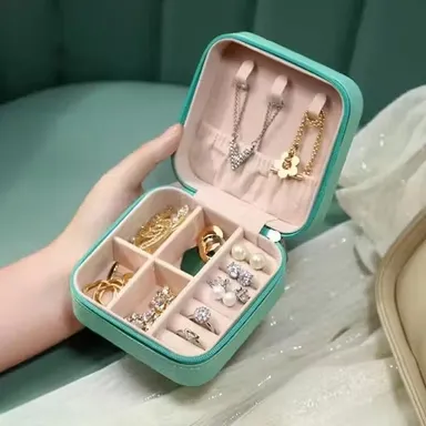Mini PU Leather Women Jewelry Box | Portable Travel Organizer with 8 Compartments thumbnail 0