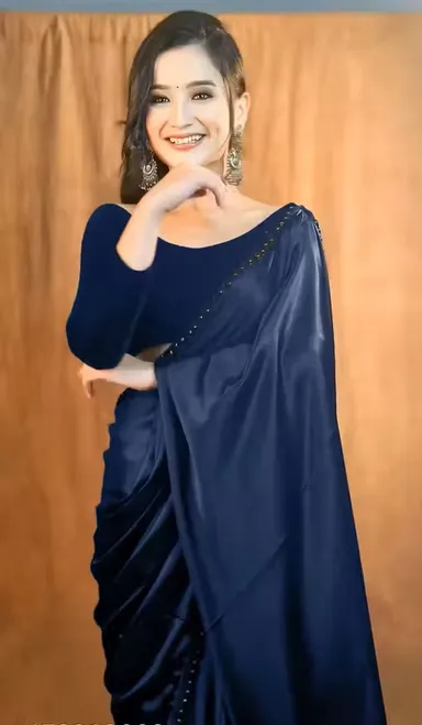 Navy Blue Japan Satin Saree | Bollywood Style | Plain & Elegant thumbnail 0