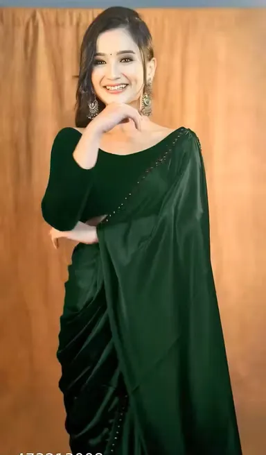 Green Japan Satin Bollywood Style Saree | Plain Party Wear | Tassel Pallu thumbnail 0