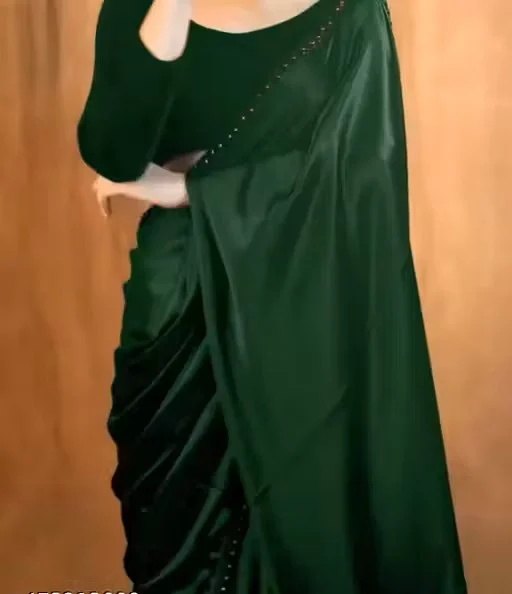 Green Japan Satin Bollywood Style Saree | Plain Party Wear | Tassel Pallu image 3