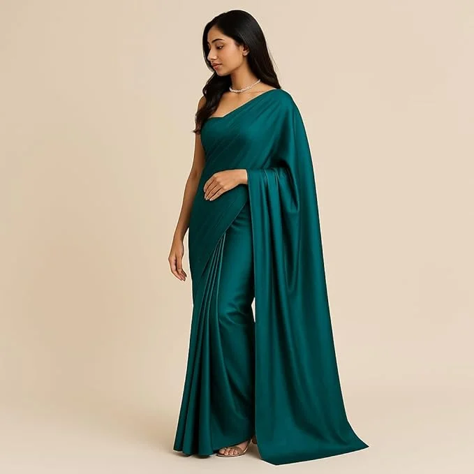 Women's Bollywood Style Plain Japan Satin Saree | Peacock Blue | Elegant Satin Saree | Party Wear Saree image 2