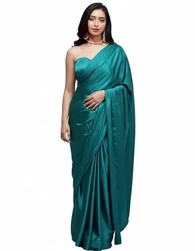 Women's Bollywood Style Plain Japan Satin Saree | Peacock Blue | Elegant Satin Saree | Party Wear Saree thumbnail 0