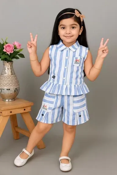 Girls Aqua Blue & White Cotton Striped Sleeveless Top and Shorts Set | 2-3 Years | Casual Summer Wear thumbnail 0
