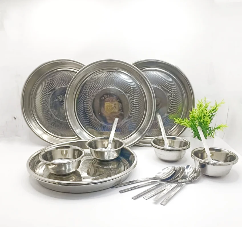 Stainless Steel Set of 9 Pcs Plates with Compartments | Bhojan Thali Partition Plates | Kids Steel Plates | Extra Deep Round Bowl Set for Lunch and Dinner image 1