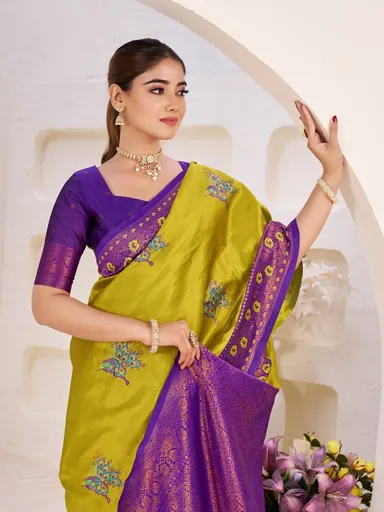 Elegant Banarasi Silk Saree | Mustard Yellow Purple Zari Wedding Saree | Premium Party Wear thumbnail 0