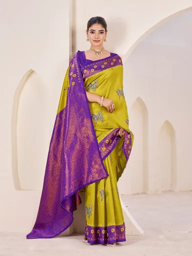 Elegant Banarasi Silk Saree | Mustard Yellow Purple Zari Wedding Saree | Premium Party Wear thumbnail 1