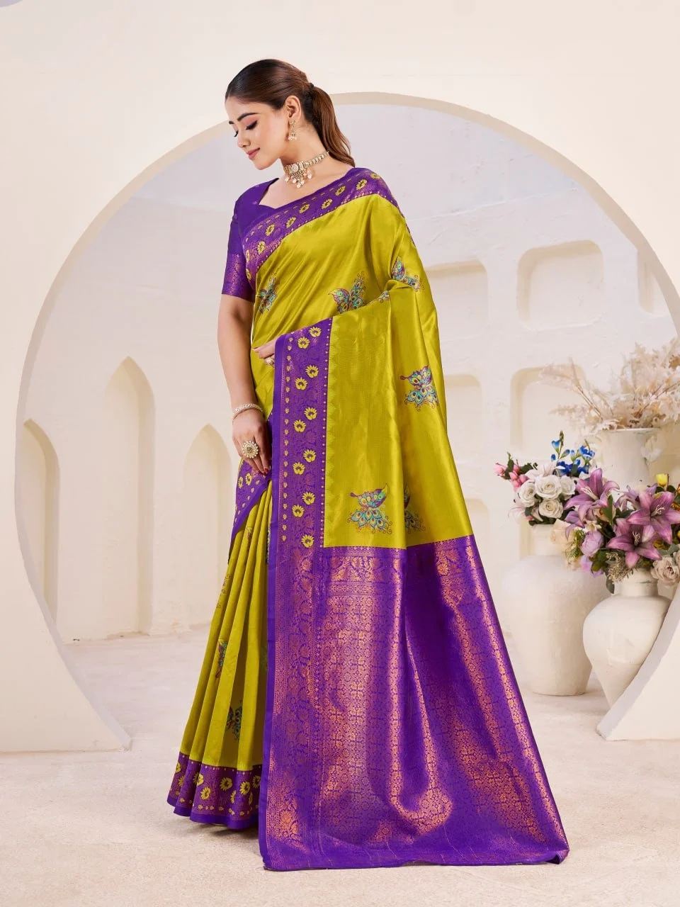 Elegant Banarasi Silk Saree | Mustard Yellow Purple Zari Wedding Saree | Premium Party Wear image 3