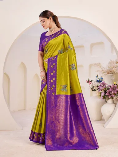 Elegant Banarasi Silk Saree | Mustard Yellow Purple Zari Wedding Saree | Premium Party Wear thumbnail 2