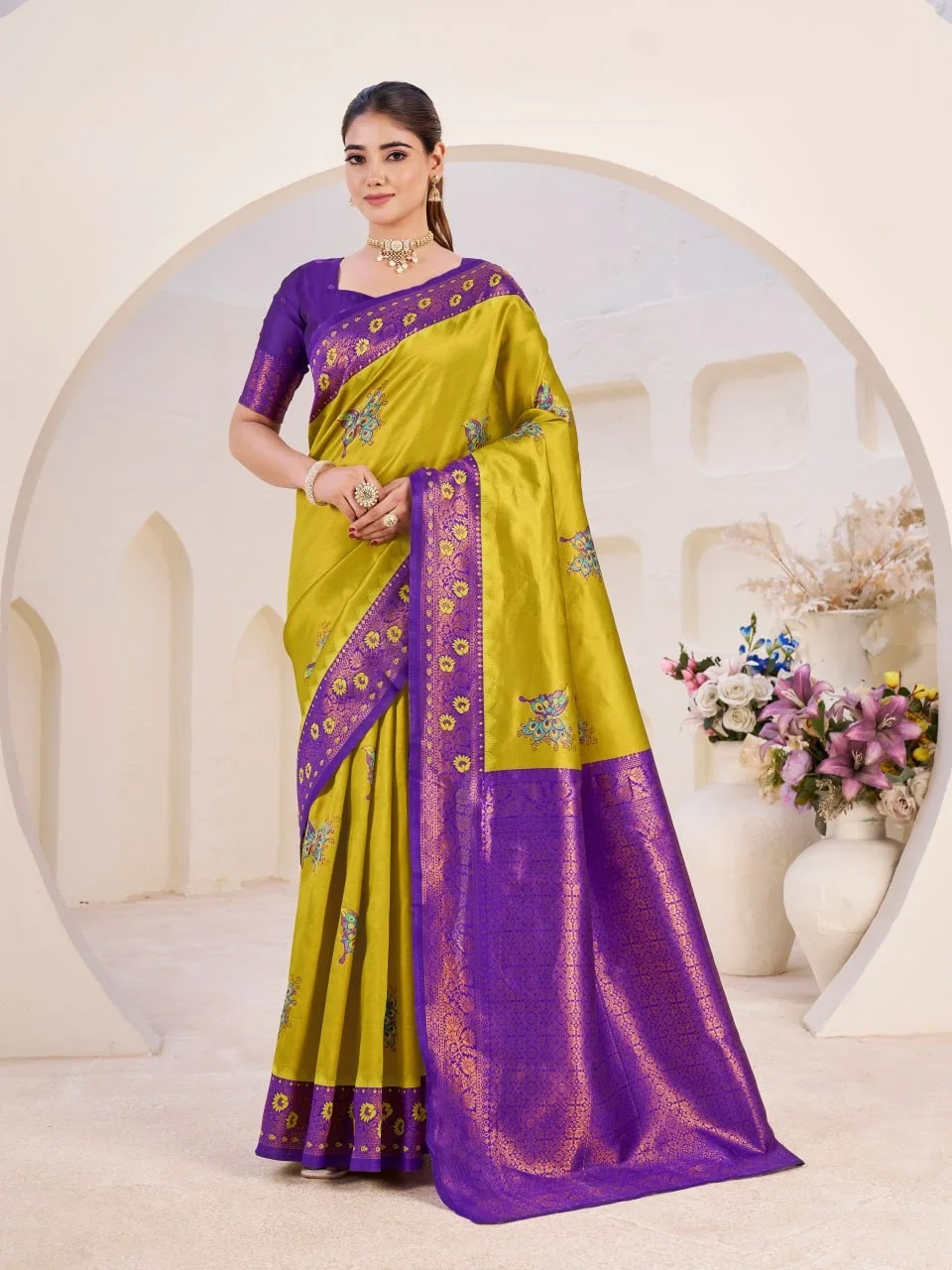 Elegant Banarasi Silk Saree | Mustard Yellow Purple Zari Wedding Saree | Premium Party Wear image 4
