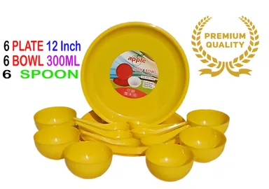 Serves People of 6 | Microwave & Dishwasher Safe | 6 Dinner Plate | 6 Bowls| 6 Spoons | Plastic Set for Dining & Gifting | Yellow colour