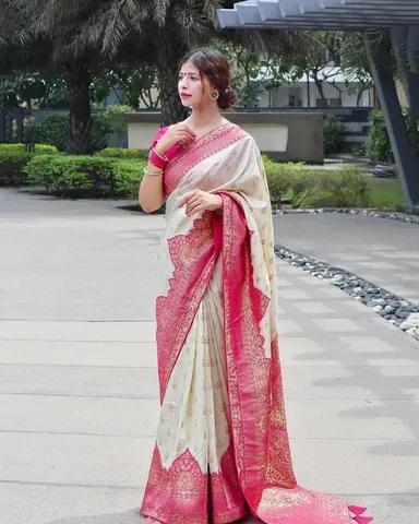 Banarasi Jacquard Saree | Off-white Pink Lightweight Soft Silk | Wedding Festive Wear thumbnail 0