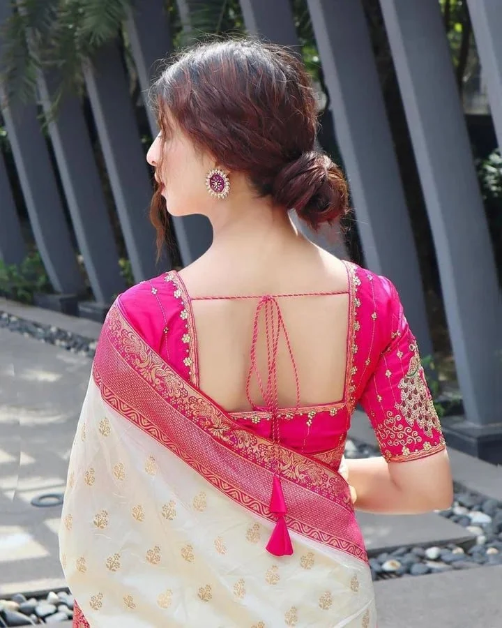 Banarasi Jacquard Saree | Off-white Pink Lightweight Soft Silk | Wedding Festive Wear image 2