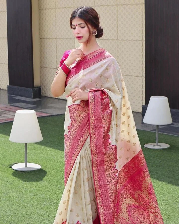 Banarasi Jacquard Saree | Off-white Pink Lightweight Soft Silk | Wedding Festive Wear image 3