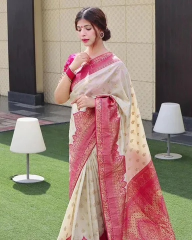 Banarasi Jacquard Saree | Off-white Pink Lightweight Soft Silk | Wedding Festive Wear thumbnail 2