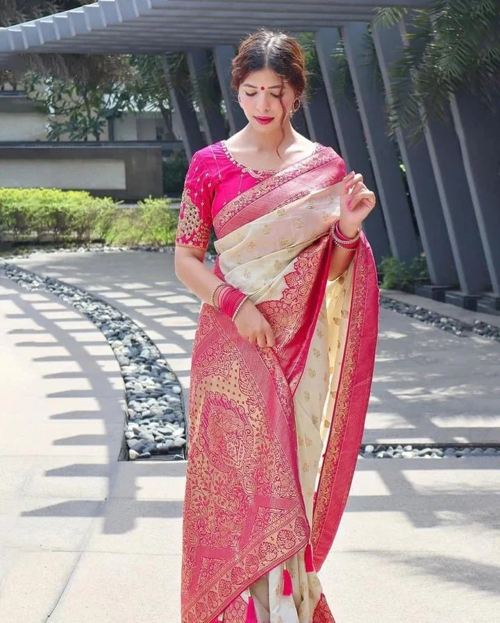 Banarasi Jacquard Saree | Off-white Pink Lightweight Soft Silk | Wedding Festive Wear image 4