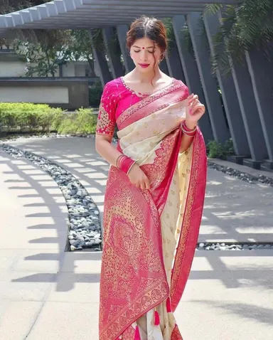 Banarasi Jacquard Saree | Off-white Pink Lightweight Soft Silk | Wedding Festive Wear thumbnail 3