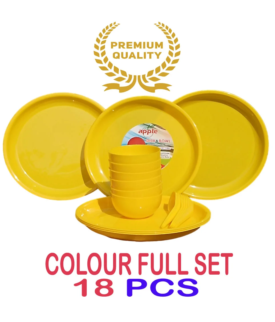 Round Unique Beautiful 10 Inch Microwave & Dishwasher Safe Dinner Plates Set |for Families|Parties | Daily Use | Set of 18 |6 Big Plate & 6 Spoon & 6 Bowls |Yellow colour image 1