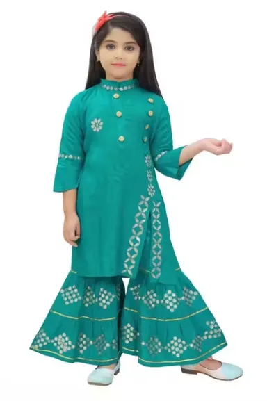 Emerald Green Rayon Kurta Sharara Set for Girls | Size 4-5 Years | Embroidered A-line Kurta | Comfortable 3/4 Sleeves | Pack of 1 thumbnail 0