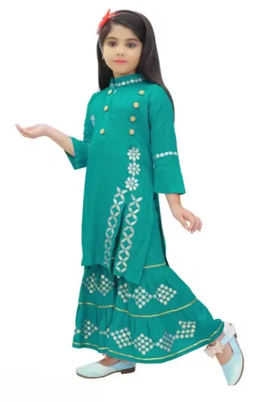 Emerald Green Rayon Kurta Sharara Set for Girls | Size 4-5 Years | Embroidered A-line Kurta | Comfortable 3/4 Sleeves | Pack of 1 thumbnail 3