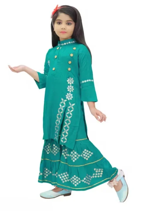 Girls Emerald Green Rayon Kurta Sharara Set | Size 9-10 Years | Embroidered Festive Kurta | Comfortable Flared Sharara | Traditional Kids Ethnic Wear image 4