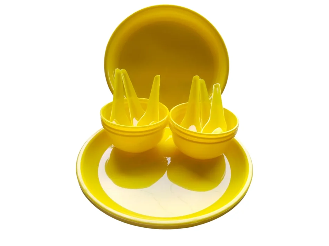All In One Dinner Set | 6 Big Plates 6 Spoons 6 Bowls | Reusable | Dishwasher Safe | Yellow Colour  image 1