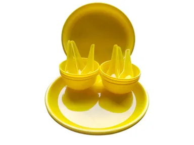 All In One Dinner Set | 6 Big Plates 6 Spoons 6 Bowls | Reusable | Dishwasher Safe | Yellow Colour 