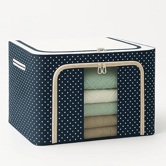 Foldable Clothes Organizer Box with Steel Frame | Clear Window & Zipper Handles | Wardrobe Cloth Storage Bin for Sarees & Blankets & Clothes | Grey | 66L image 1