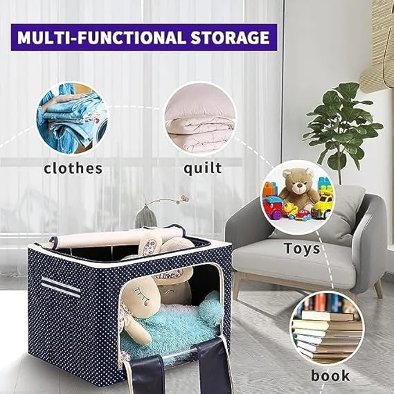 Foldable Clothes Organizer Box with Steel Frame | Clear Window & Zipper Handles | Wardrobe Cloth Storage Bin for Sarees & Blankets & Clothes | Grey | 66L image 4