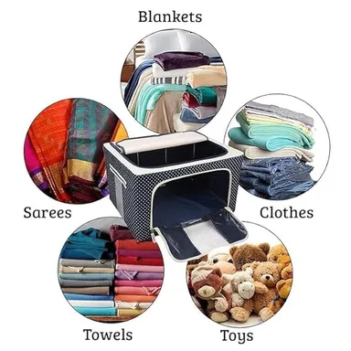 Foldable Clothes Organizer Box with Steel Frame | Clear Window & Zipper Handles | Wardrobe Cloth Storage Bin for Sarees & Blankets & Clothes | Grey | 66L thumbnail 5