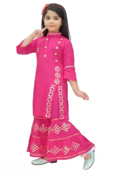 Pink Rayon Ethnic Kurta Sharara Set | for Girls Age 3–4 Years | Lightweight Soft Fabric with Dupatta thumbnail 3