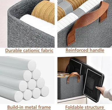 Wardrobe Organizer Baskets | 4 Pcs | Foldable Fabric Storage Boxes with Metal Frame & Handles | Closet Storage for Clothes & Sweaters & Pants thumbnail 5