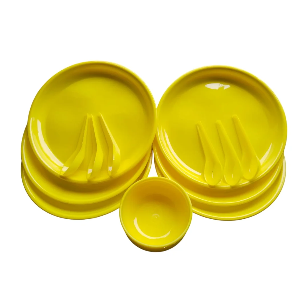 Dinner Set | 18 Pieces for Family of 6 | Microwave & Dishwasher Safe | plastic Set for Dining & Gifting | spoon | Plates & Bowls | Yellow colour image 1