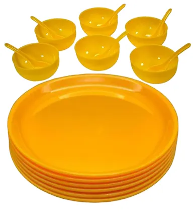 Dinner Set 18 Units | Plastic Plates | Bowls & Spoons for 6 | Festive | Party & Daily Use | Dishwasher & Microwave Safe | Yellow Colour 