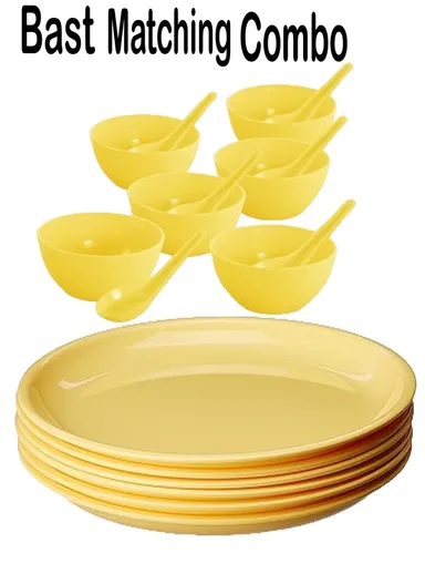 Daily Use 6 Plate & 6 Bowl & 6 Spoon Colour Full Dinner Set 18 Pcs| Light Weight | Crockery Set for Dining |Colour Available | Yellow colour 