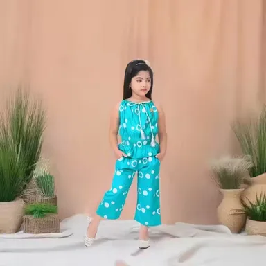 Girls Blue Polka Dot Top and Palazzo Pants Set | Rayon Fabric| Size 1-2 Years | Lightweight Summer Clothing  thumbnail 0