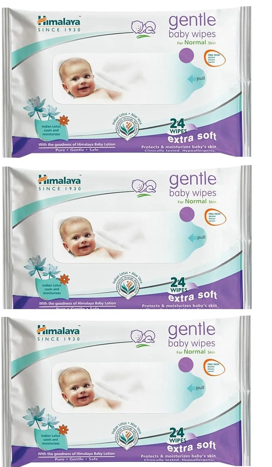Himalaya Gentle Baby Wipes | Herbal, Hypoallergenic | Pack of 3| Sensitive Skin Newborn Use| 24 wipe each pack image 1
