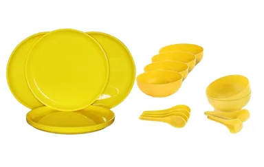 Yellow colour Plastic Dinner Set | Heavy Dinner Set | Kitchen Set for Home | Design Dinner Set | Shagun Set | Bartan Set |  Set of 18 | 6 Full Plate |6 Spoons | 6 Bowls 