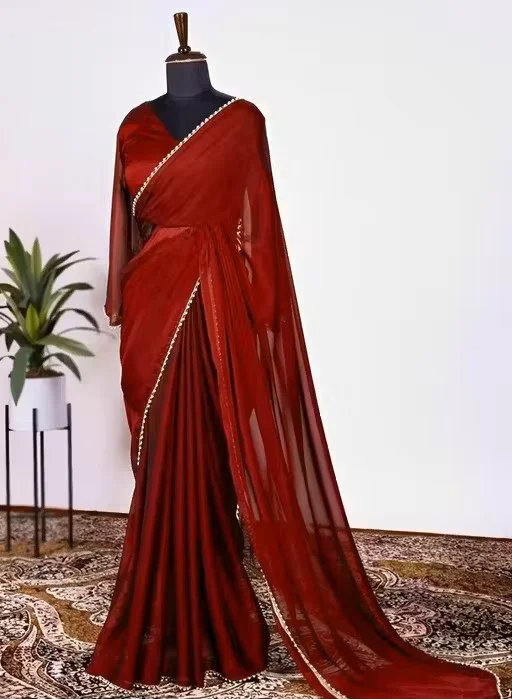 Poly Georgette Red Saree | Superfined Finish| Embellished Border| Festive & Party Wear| Lightweight Drape| Unstitched Blouse image 1