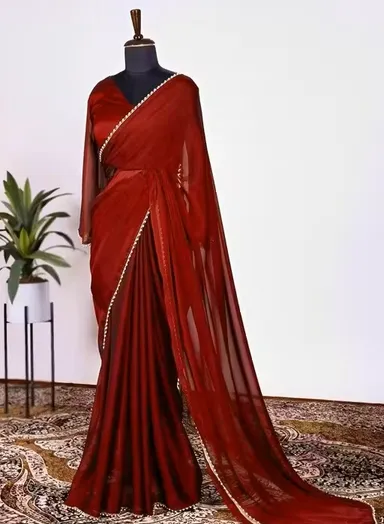 Poly Georgette Red Saree | Superfined Finish| Embellished Border|  Festive & Party Wear| Lightweight Drape|  Unstitched Blouse thumbnail 0